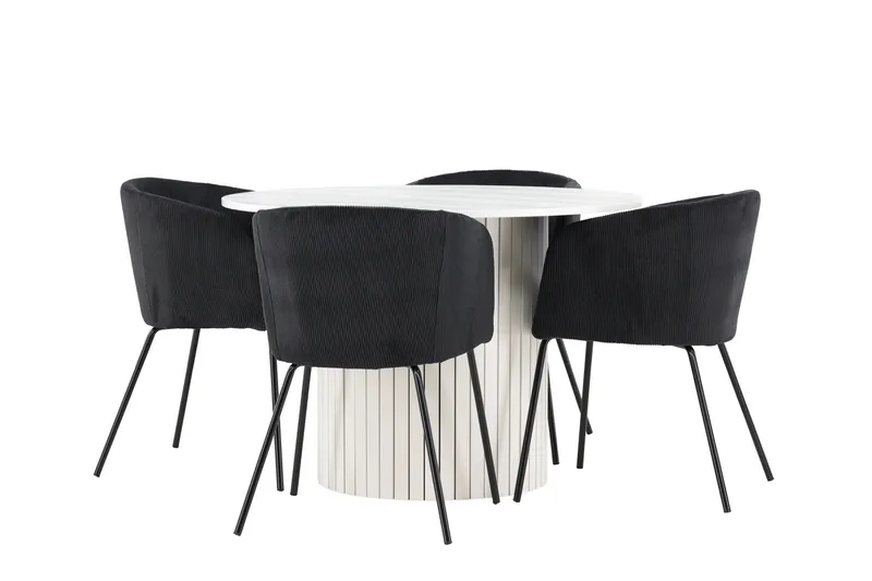 Härön Ruokailuryhmä 110 cm Pyöreä jossa 4 Berit tuolia, Valkoinen/Musta