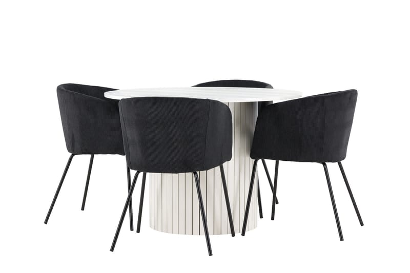 Härön Ruokailuryhmä 110 cm Pyöreä jossa 4 Berit tuolia, Valkoinen/Musta