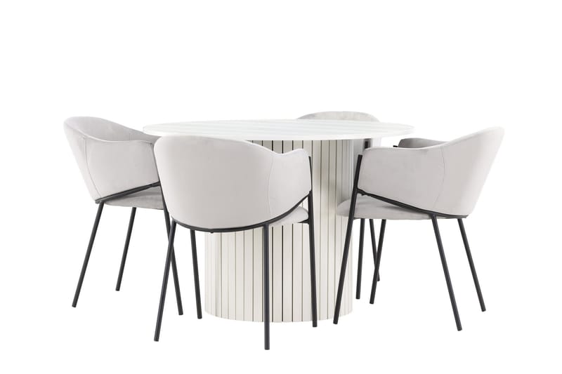 Härön Ruokailuryhmä 110 cm Pyöreä jossa 4 Evelina tuolia, Valkoinen/Harmaa