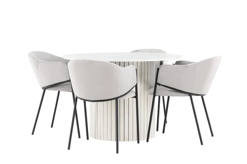 Härön Ruokailuryhmä 110 cm Pyöreä jossa 4 Evelina tuolia, Valkoinen/Harmaa
