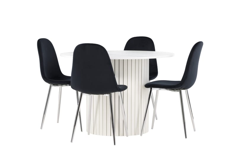 Härön Ruokailuryhmä 110 cm Pyöreä jossa 4 Polar tuolia, Valkoinen/Musta