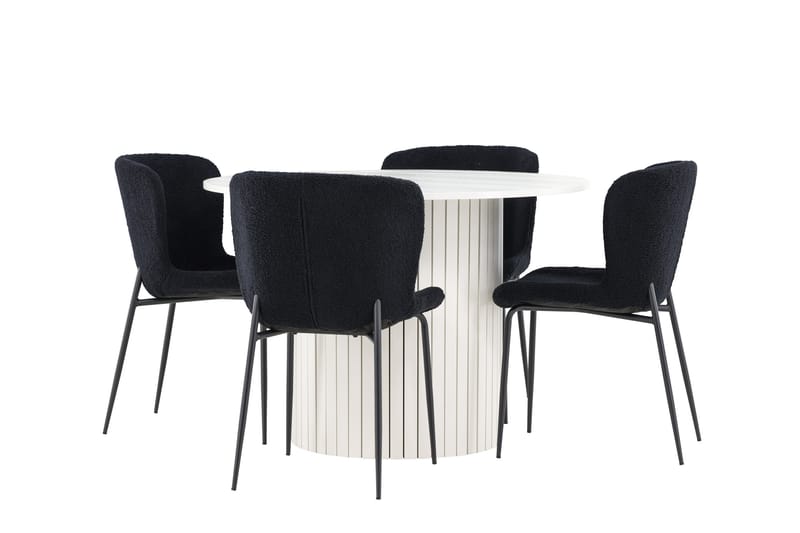 Härön Ruokailuryhmä 110 cm Pyöreä jossa 4 Modesto tuolia, Valkoinen/Musta
