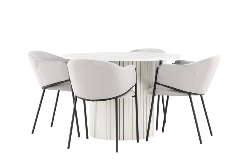 Härön Ruokailuryhmä 110 cm Pyöreä jossa 4 Evelina tuolia, Valkoinen/Harmaa