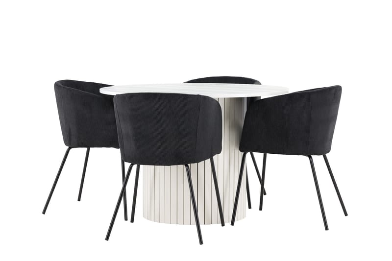 Härön Ruokailuryhmä 110 cm Pyöreä jossa 4 Berit tuolia, Valkoinen/Musta