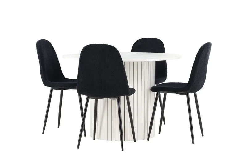 Härön Ruokailuryhmä 110 cm Pyöreä jossa 4 Polar tuolia, Valkoinen/Musta