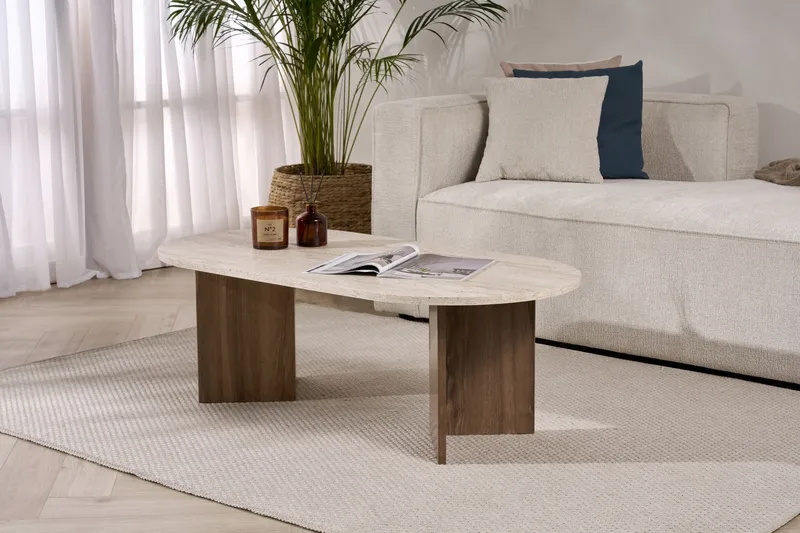 Hasina Soikea Sohvapöytä 119x60 cm Travertiini- ja Saksanpähkinäjäljitelmällä - Beige - Huonekalut - Pöytä & ruokailuryhmä - Sohvapöytä