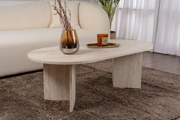 Hasina Soikea Sohvapöytä 119x60 cm Travertiinin Näköisellä Pinnalla - Valkoinen - Huonekalut - Pöytä & ruokailuryhmä - Sohvapöytä