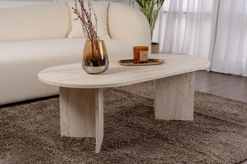 Hasina Soikea Sohvapöytä 119x60 cm Travertiinin Näköisellä Pinnalla - Valkoinen - Huonekalut - Pöytä & ruokailuryhmä - Sohvapöytä