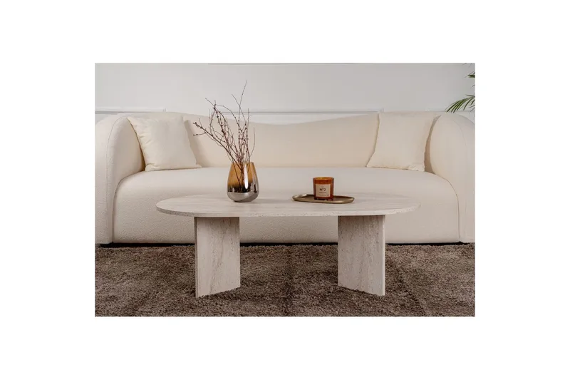 Hasina Soikea Sohvapöytä 119x60 cm Travertiinin Näköisellä Pinnalla - Valkoinen - Huonekalut - Pöytä & ruokailuryhmä - Sohvapöytä
