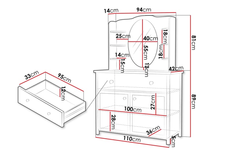 Hilts Hoitopöytä 110x42 cm - Valkoinen/Vaaleanpunainen - Huonekalut - Pöytä & ruokailuryhmä - Meikki- & kampauspöydät