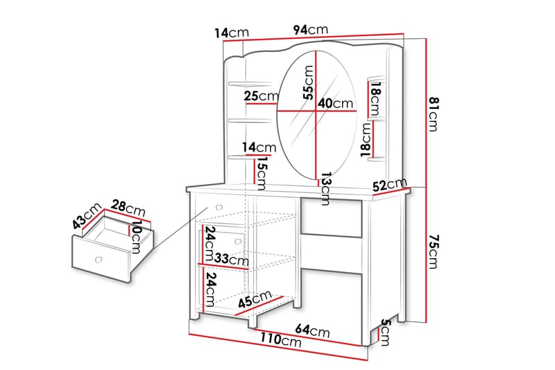 Hilts Hoitopöytä 110x52 cm - Valkoinen/Vaaleanpunainen - Huonekalut - Pöytä & ruokailuryhmä - Meikki- & kampauspöydät