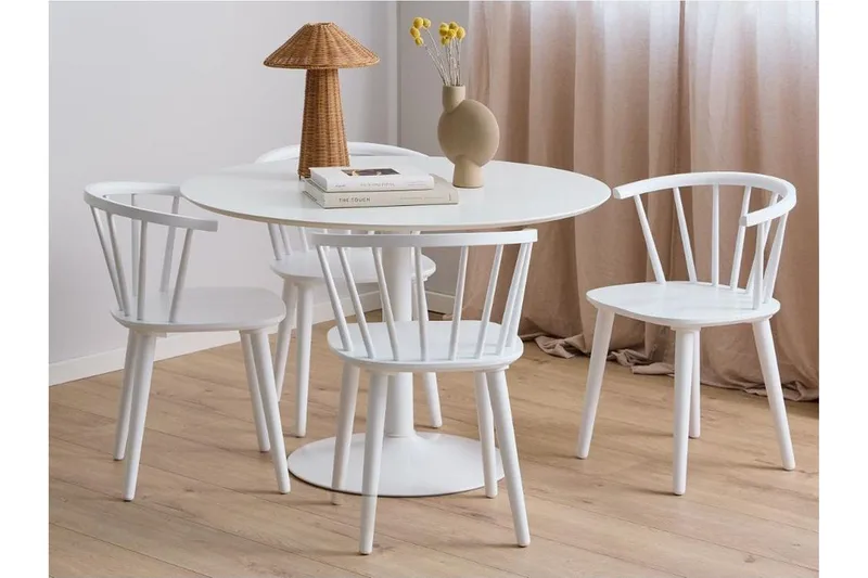 Ibiza Dining Group Pyöreä 110 Cm + 4 Ruokapöydän Tuolia, Valkoinen