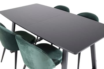 Inca-ruokailuryhmä, jatkettava, 160 cm, suorakulmainen, 4 Velvet-tuolia - Musta/Vihreä - Huonekalut - Pöytä & ruokailuryhmä - Ruokailuryhmä