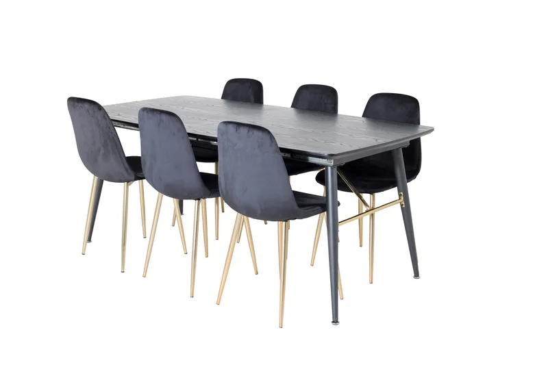 Irunea-ruokailuryhmä, jatkettava, 180 cm, sisältää 6 Pontus-tuolia, Musta/Messinki/Sametti