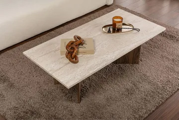 Isami sohvapöytä 119x40x60 cm - Travertiini, Venezia-pähkinä - Huonekalut - Pöytä & ruokailuryhmä - Sohvapöytä