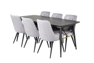 Jatkettava Gold-ruokapöytä 180 cm ja 6 Velvet Deluxe -samettituolia - Vaaleanharmaa, musta - Huonekalut - Pöytä & ruokailuryhmä - Ruokailuryhmä