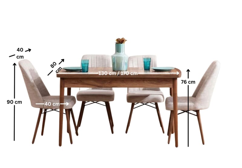 Jatkettava ruokapöytä- ja tuolisetti (5 osaa) Homitis Lidyana (130 x 76 x 80 cm) Kermanvärinen - Huonekalut - Pöytä & ruokailuryhmä - Ruokailuryhmä