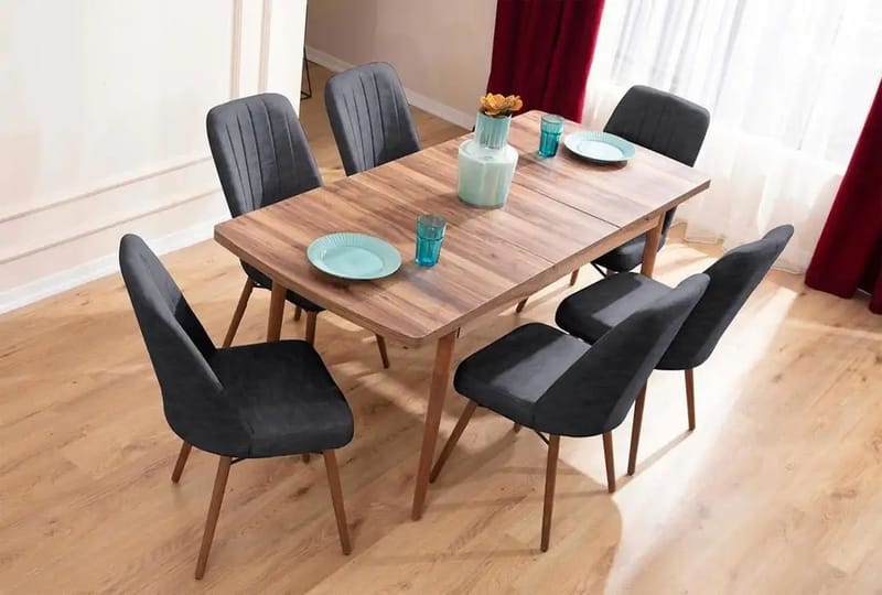 Jatkettava ruokapöytä- ja tuolisetti (7 osaa) Homitis Lidyana (130 x 76 x 80 cm) Antrasiitti - Antrasiitti - Huonekalut - Pöytä & ruokailuryhmä - Ruokailuryhmä