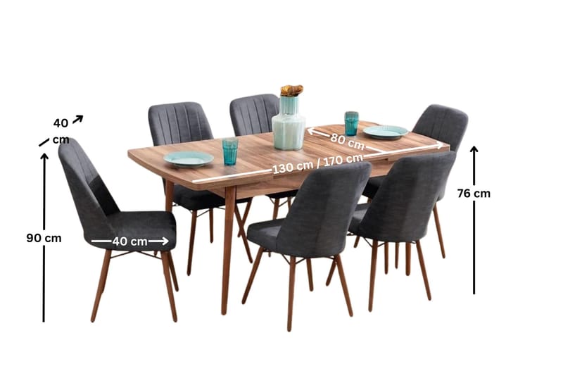 Jatkettava ruokapöytä- ja tuolisetti (7 osaa) Homitis Lidyana (130 x 76 x 80 cm) Antrasiitti - Antrasiitti - Huonekalut - Pöytä & ruokailuryhmä - Ruokailuryhmä