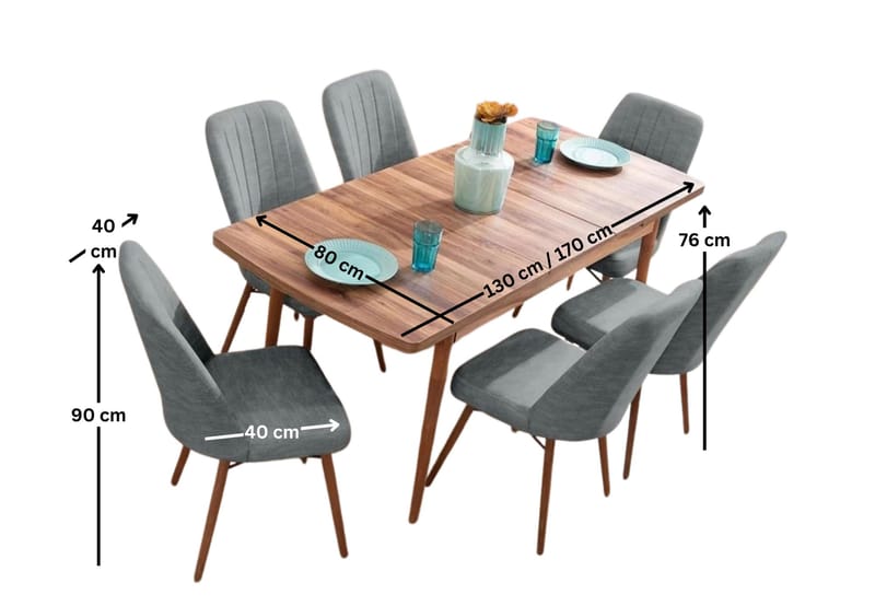 Jatkettava ruokapöytä- ja tuolisetti (7 osaa) Homitis Lidyana (130 x 76 x 80 cm) Harmaa - Huonekalut - Pöytä & ruokailuryhmä - Ruokailuryhmä