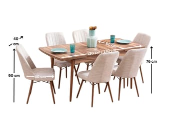 Jatkettava ruokapöytä- ja tuolisetti (7 osaa) Homitis Lidyana (130 x 76 x 80 cm) Kermanvärinen - Huonekalut - Pöytä & ruokailuryhmä - Ruokailuryhmä