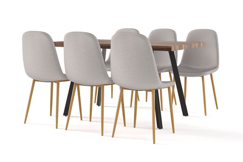 Jaunita Ruokapöytä Jatkettava lisälevyllä + 6 kpl Naira tuoli harmaa tammijaloilla, Ruskea/Harmaa