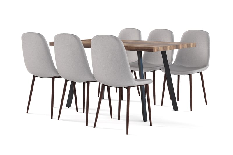 Jaunita Ruokapöytä Jatkettava lisälevyllä + 6 kpl Naira tuoli harmaa pähkinäjaloilla, Ruskea/Harmaa