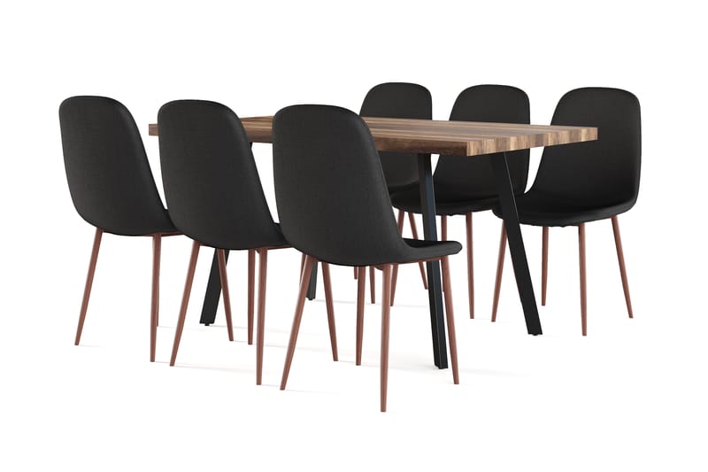 Jaunita Ruokapöytä Jatkettava lisälevyllä + 6 kpl Naira tuoli musta pähkinäjaloilla, Ruskea/Musta