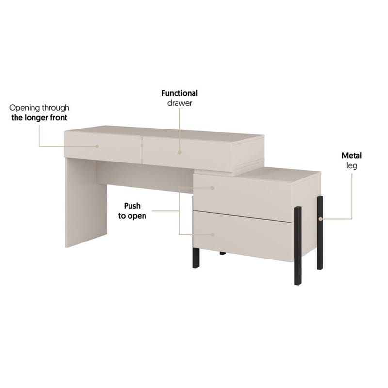Jukon S meikkipöytä 4 laatikolla puuta metallijaloilla - Vaaleanbeige - Huonekalut - Pöytä & ruokailuryhmä - Meikki- & kampauspöydät