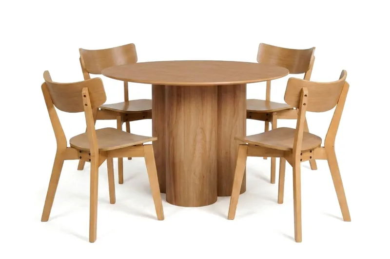 Juno-ruokailuryhmä, pyöreä 110 cm, tammi, 4 Amelia-ruokatuolia, Tammi