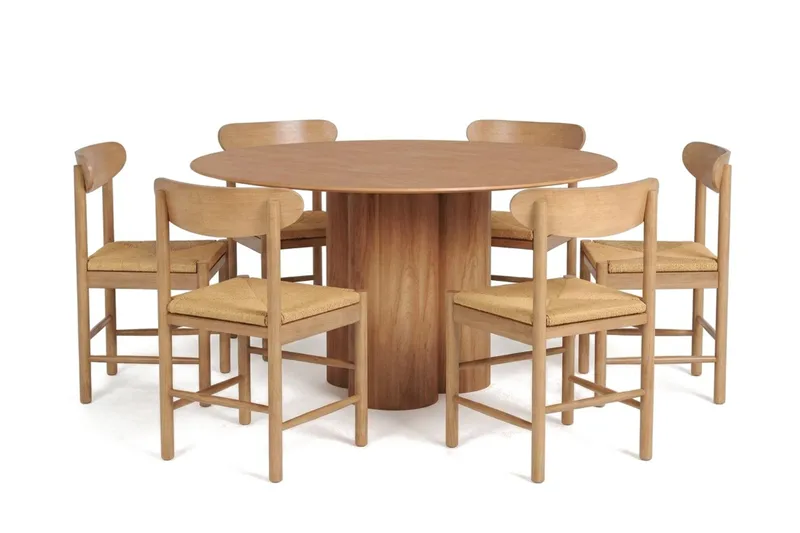 Juno-ruokailuryhmä, pyöreä 130 cm, tammi, 6 Malte-ruokatuolia, undefined