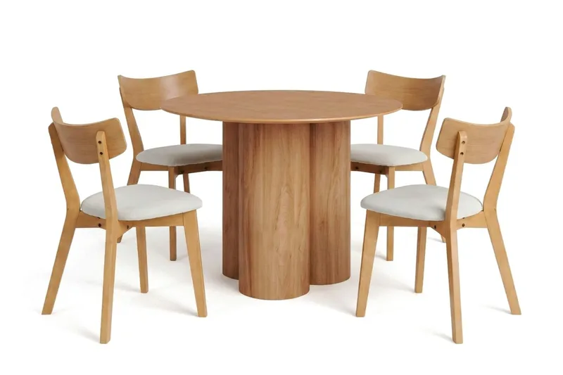 Juno-ruokailuryhmä 110 cm pyöreä tammessa, 4 Amelia-ruokatuolia istuintyynyllä, Tammi/Beige