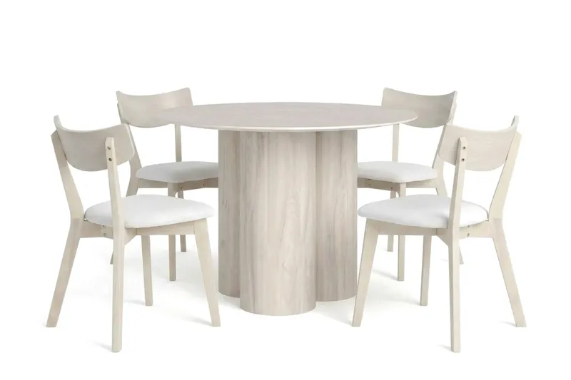 Juno-ruokailuryhmä 110 cm pyöreä valkolakattuna, 4 Amelia-ruokatuolia istuintyynyllä, Valkokuultolakattu/Beige