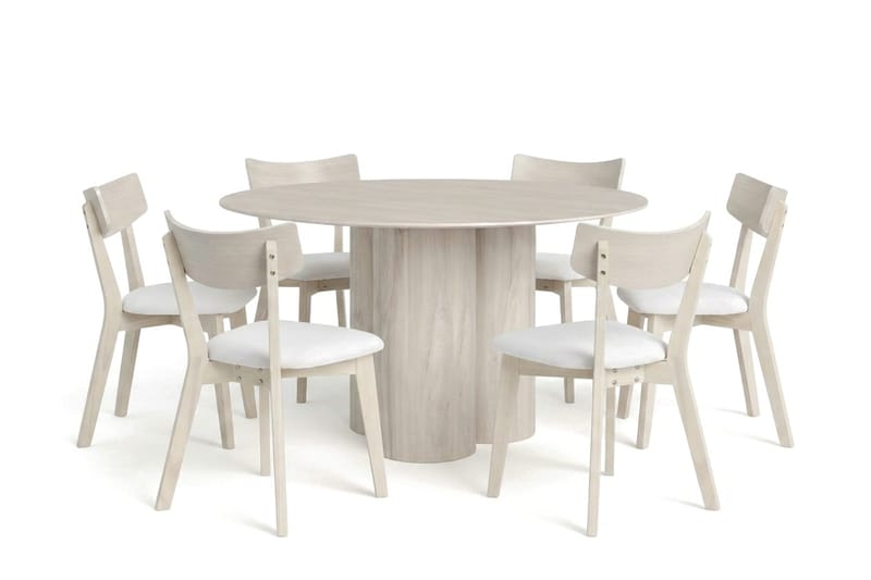 Juno-ruokailuryhmä 130 cm pyöreä, valkolakattu, 6 Ameli-ruokatuolia pehmusteella, Valkokuultolakattu/Beige