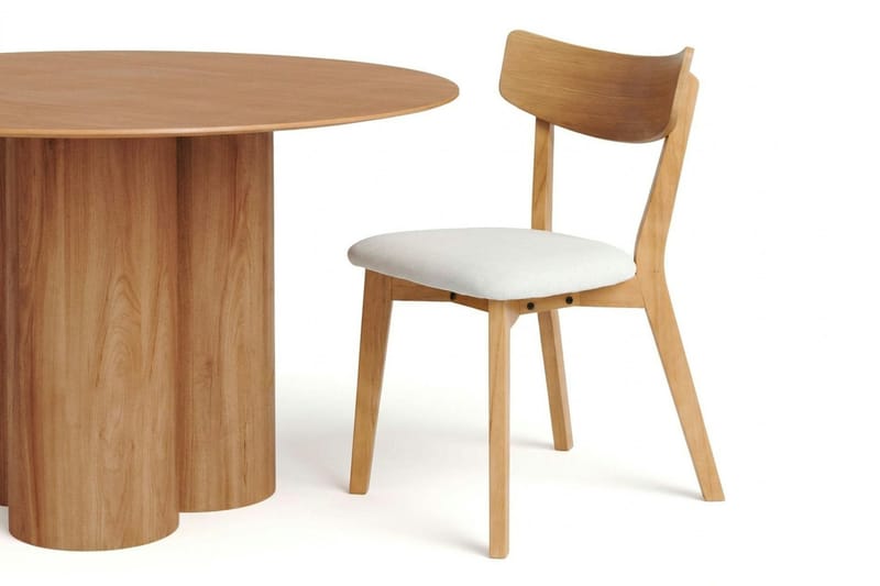 Juno-ruokailuryhmä 130 cm pyöreä, tammi, 6 Amelia-ruokailutuolia pehmusteella - Tammi/Beige - Huonekalut - Pöytä & ruokailuryhmä - Ruokailuryhmä