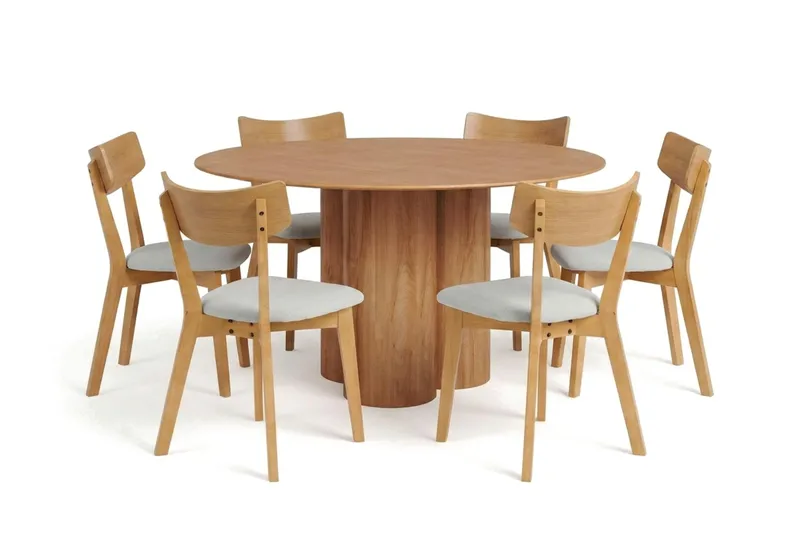 Juno-ruokailuryhmä 130 cm pyöreä, tammi, 6 Amelia-ruokailutuolia pehmusteella, Tammi/Beige