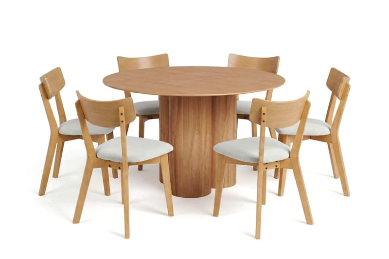 Juno-ruokailuryhmä 130 cm pyöreä, tammi, 6 Amelia-ruokailutuolia pehmusteella - Tammi/Beige - Huonekalut - Pöytä & ruokailuryhmä - Ruokailuryhmä