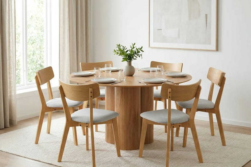 Juno-ruokailuryhmä 130 cm pyöreä, tammi, 6 Amelia-ruokailutuolia pehmusteella - Tammi/Beige - Huonekalut - Pöytä & ruokailuryhmä - Ruokailuryhmä