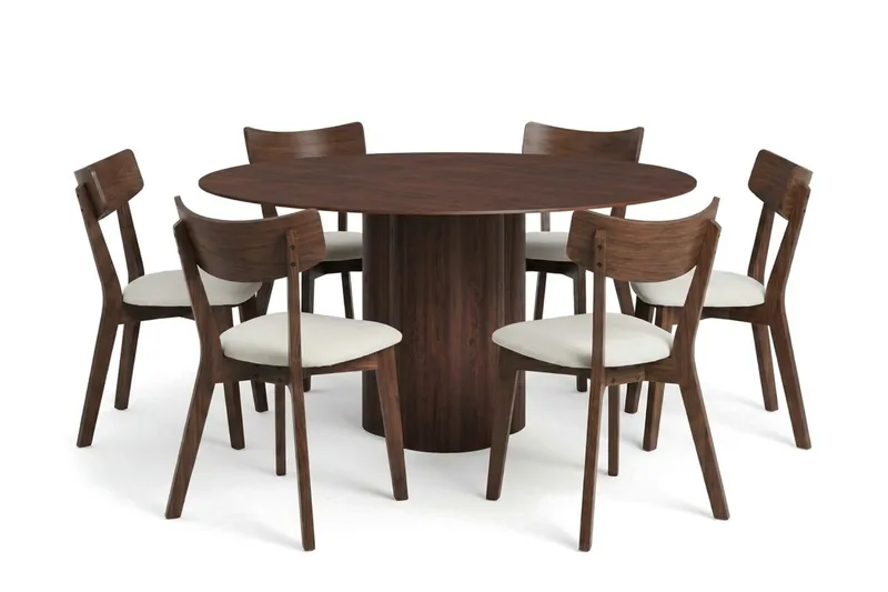 Juno-ruokailuryhmä 150 cm pyöreä, pähkinäpuu, 6 Amelia-ruokatuolia pehmusteella, Pähkinä/Beige