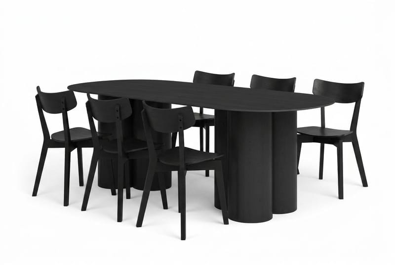 Juno-ruokailuryhmä 220 cm suorakulmainen mustana, 6 Amelia-ruokatuolia, Musta