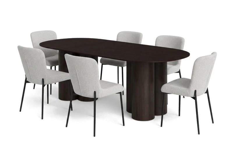 Juno-ruokailuryhmä: suorakulmainen 220 cm:n savutammipöytä ja 6 Elsie-ruokapöydän tuolia, Savutammi