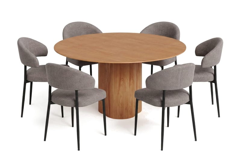 Juno-ruokailuryhmä pyöreä 150 cm, tammi, 6 Sawako-ruokatuolia, Tammi