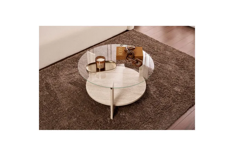 Kahvipöytä Clara 75 cm Lasilevyllä - Travertiini / Läpinäkyvä - Huonekalut - Pöytä & ruokailuryhmä - Sohvapöytä