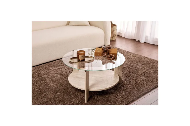 Kahvipöytä Clara 75 cm Lasilevyllä - Travertiini / Läpinäkyvä - Huonekalut - Pöytä & ruokailuryhmä - Sohvapöytä