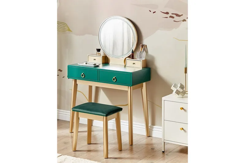 Kampauspöytä Fedry Vihreä, kulta - Vihreä, kulta - Huonekalut - Pöytä & ruokailuryhmä - Meikki- & kampauspöydät - Meikkipöytä valolla