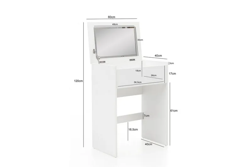 Kampauspöytä Wohnling Säilytystila Osmetic White -meikkipöydälle peilijakkaralla, klassisen moderni - Huonekalut - Pöytä & ruokailuryhmä - Meikki- & kampauspöydät