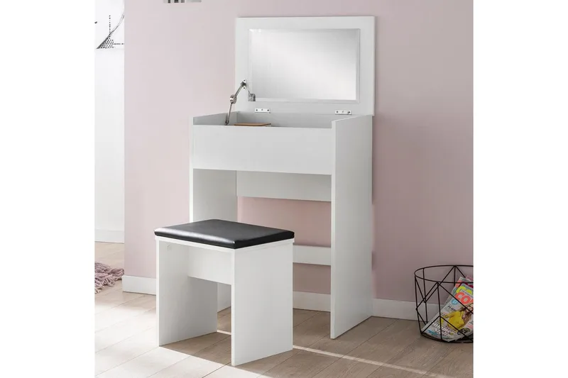 Kampauspöytä Wohnling Säilytystila Osmetic White -meikkipöydälle peilijakkaralla, klassisen moderni - Huonekalut - Pöytä & ruokailuryhmä - Meikki- & kampauspöydät