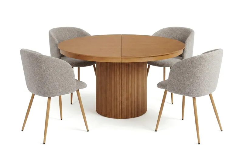 Kopparbo jatkettava pyöreä 120-220 cm tammi ja 4 Sawako-ruokatuolia, Tammi/greige