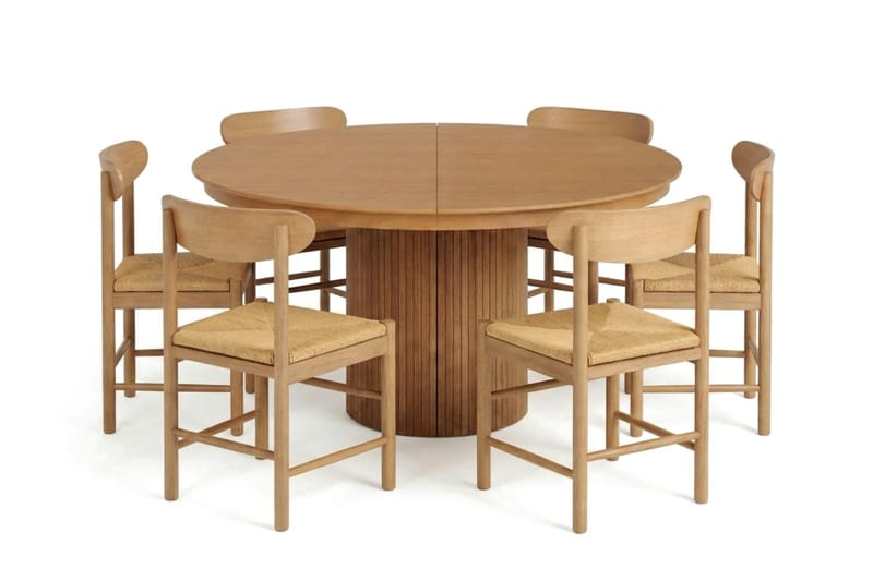 Kopparbo-ruokailuryhmä, jatkettava, pyöreä 140–220 cm, tammi, 6 Malte-ruokatuolia, undefined