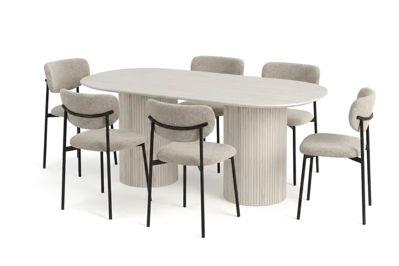 Kopparbo ruokailuryhmä, soikea 180 cm, valkolaseerattu, ja 6 Lucy-ruokatuolia, Valkokuultokäsitelty tammi